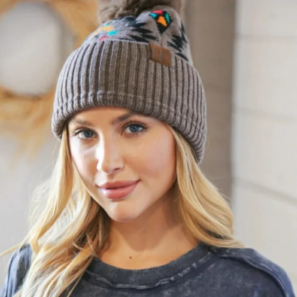 CC Taupe Tribal Knit Beanie With Pom Pom - Picture 3 of 3